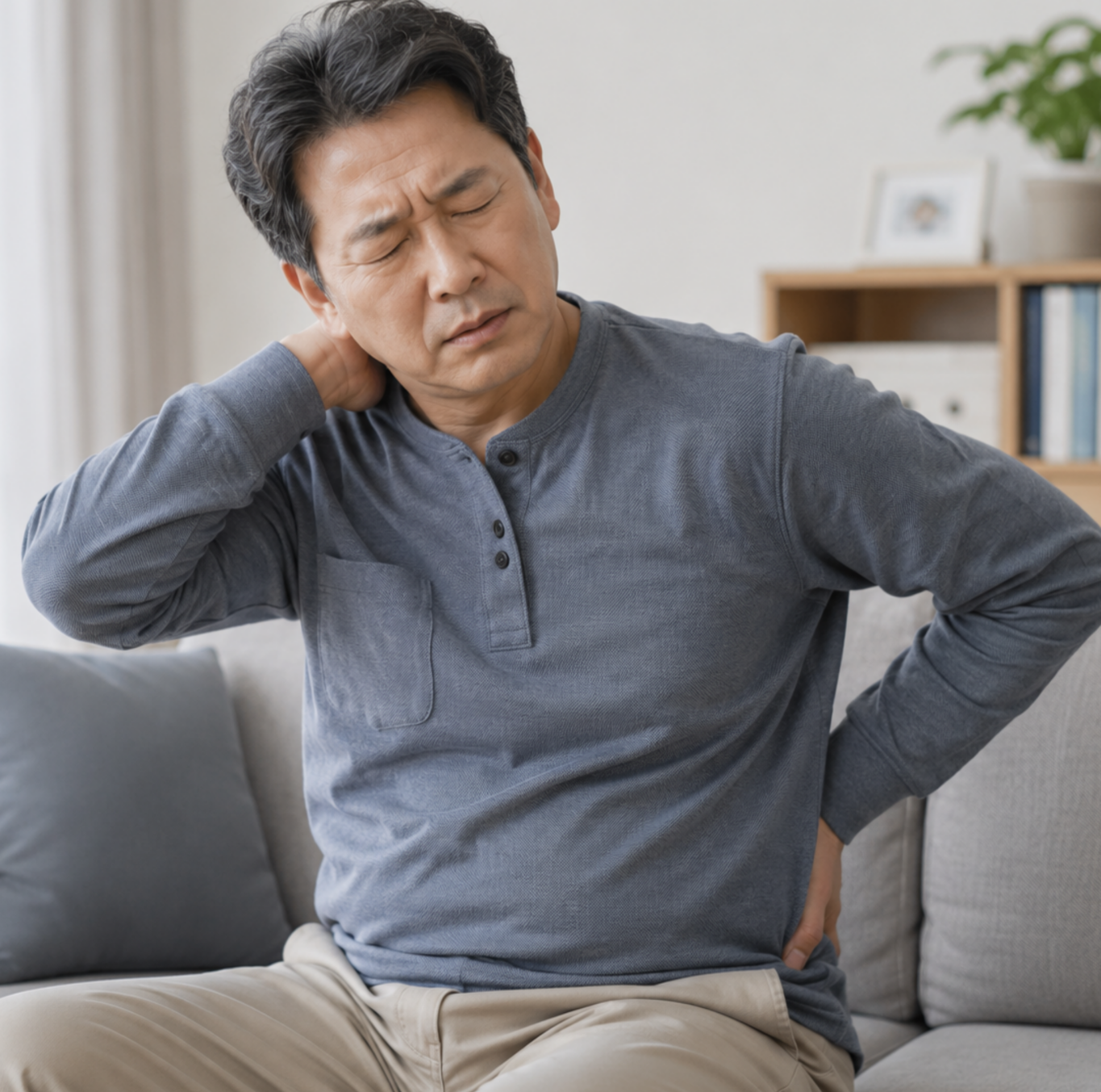 목과 허리 주변 불편감을 느끼는 중년 남성
